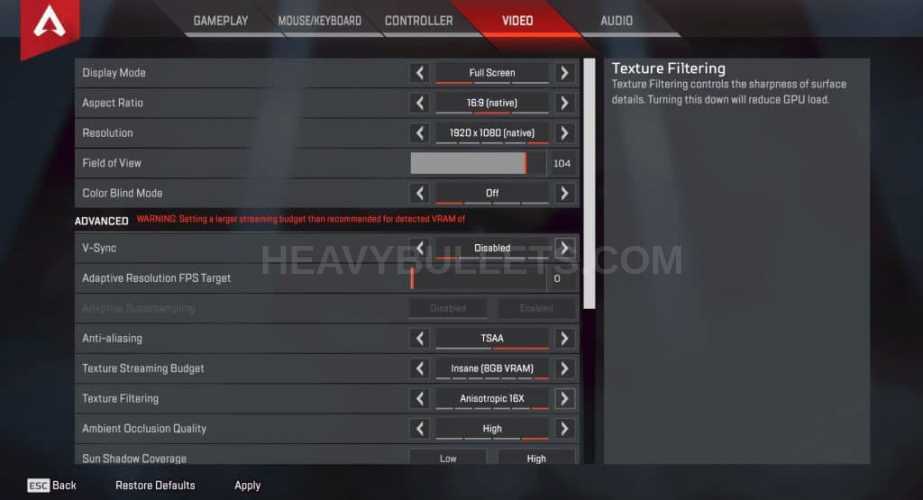 Reaver Apex Legends Video settings